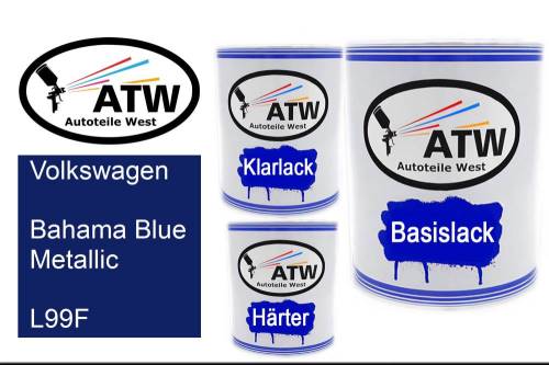 Volkswagen, Bahama Blue Metallic, L99F: 1L Lackdose + 1L Klarlack + 500ml Härter - Set, von ATW Autoteile West.